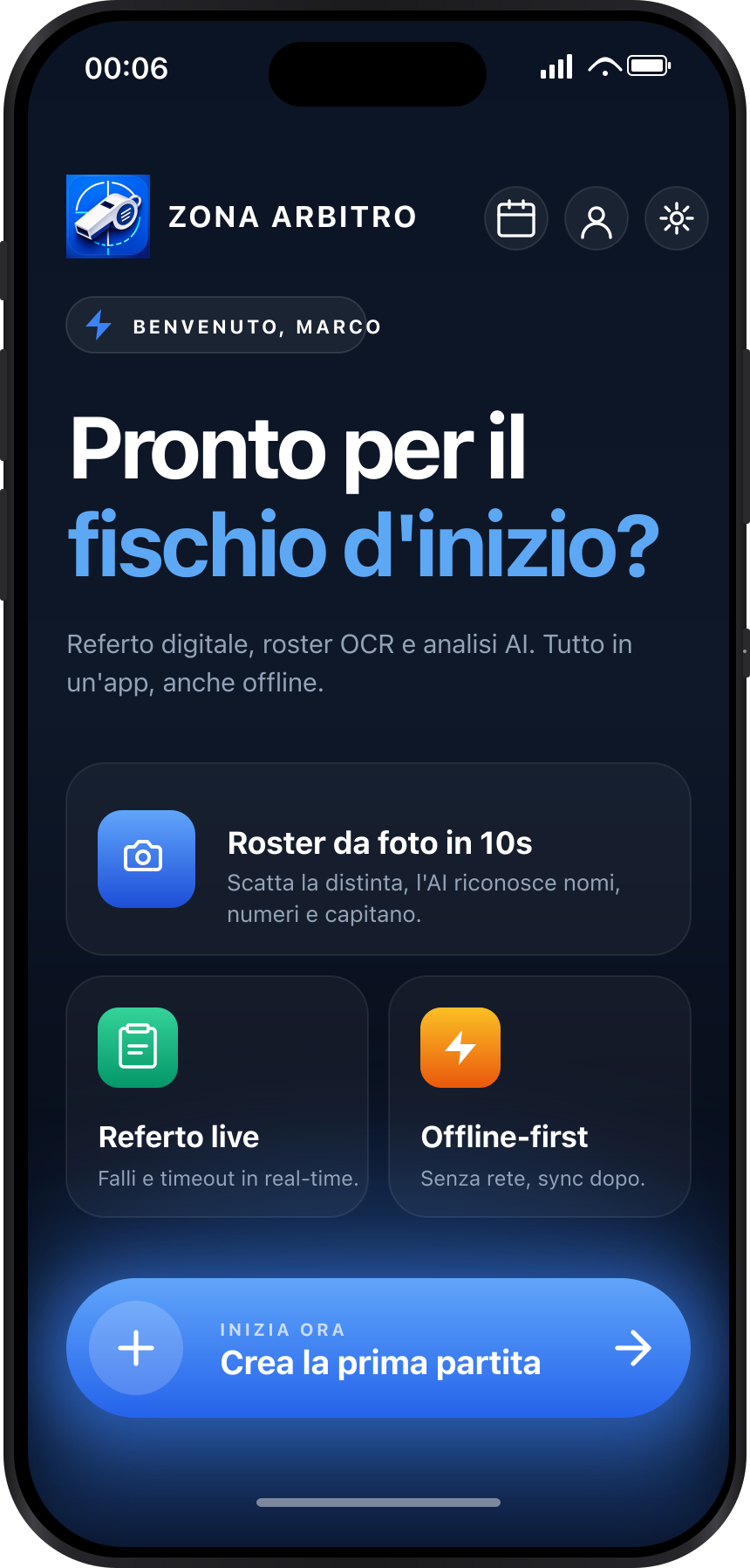 Schermata principale Zona Arbitro: roster da foto, referto live, offline-first
